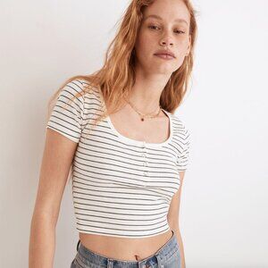 EUC Madewell Ribbed Henley Crop Tee Size XS Cream and Black Stripe